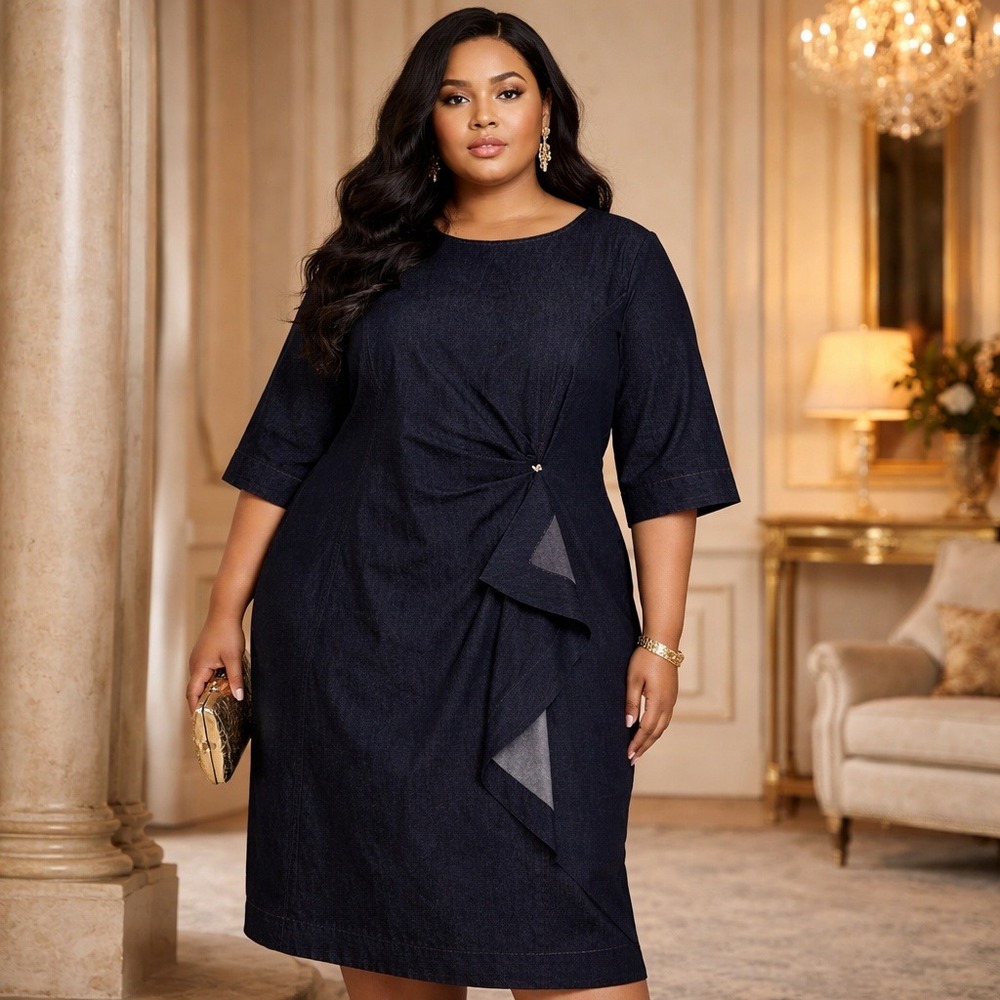 Marina Rinaldi Dress 16 Denim Blue Midi Asymmetrical‎ Ruffle Italy Quiet Luxury